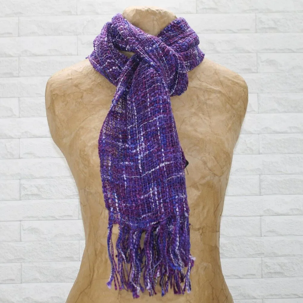 AMANDA BLU Scarf Knit Woven Lightweight Winter Plaid Fringe Purple Long Skinny